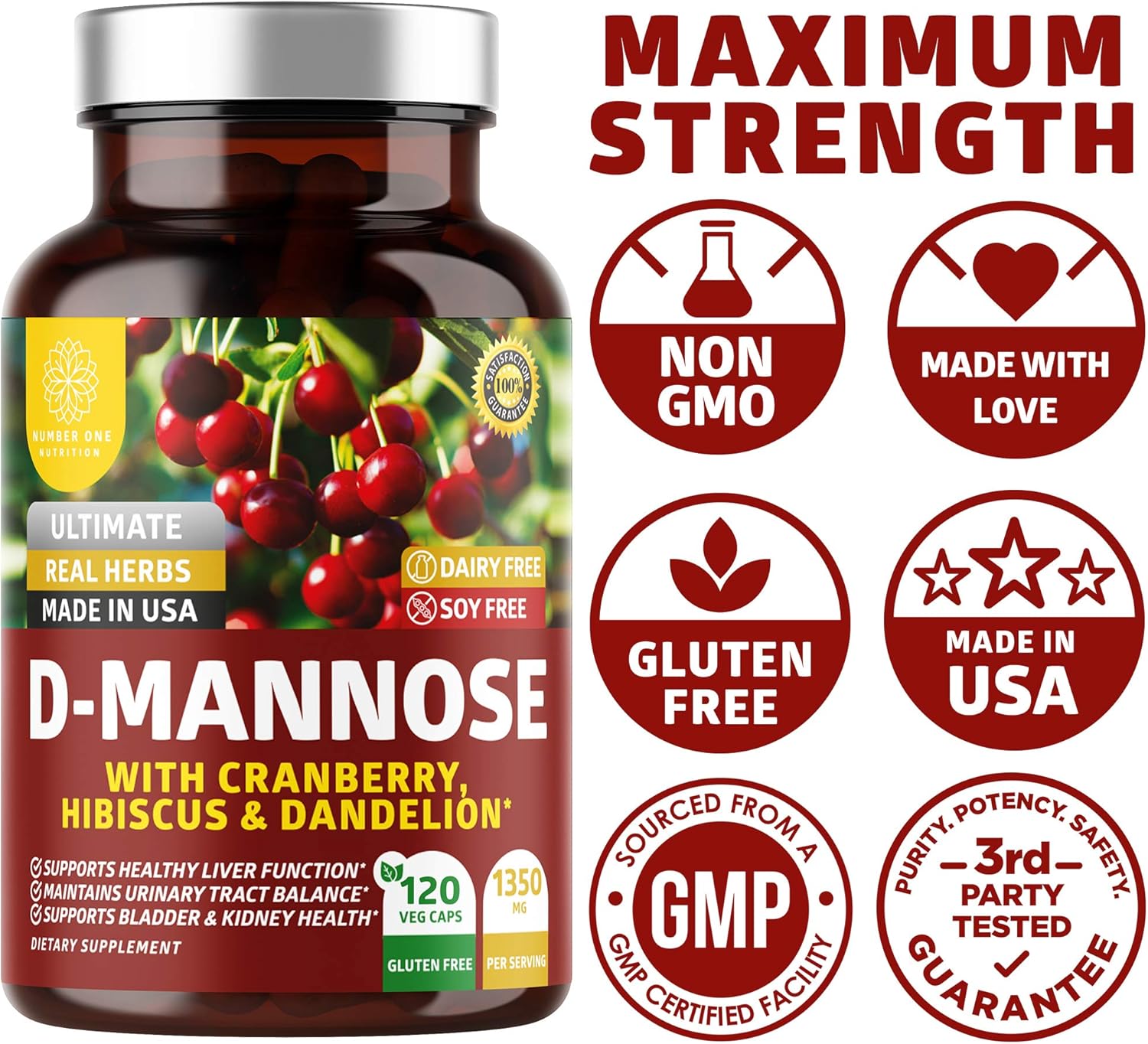 Number One Nutrition D Mannose with Cranberry and Hibiscus 1350mg, 120 Veg Caps L38211