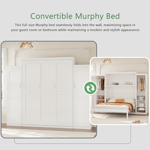 Polib Full Size Murphy Bed with Two Wardrobes and Storage Shelf, White S302797