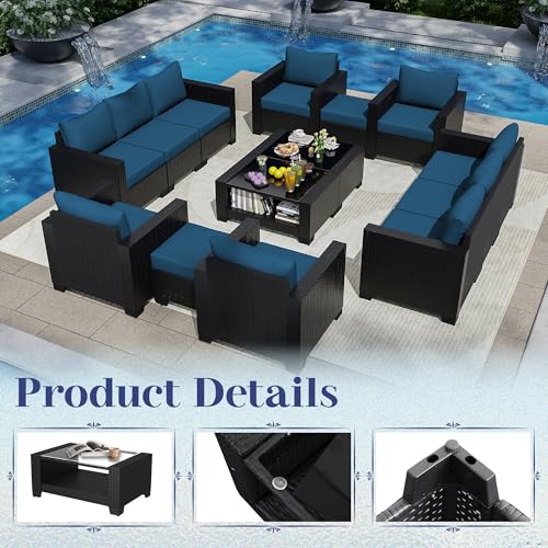 KIGOTY Patio Furniture Set 7 Pieces Outdoor Sectional Sofa with Cushions and Glass Coffee Table B60021