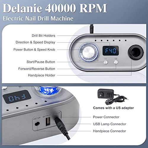 Delanie 40000 RPM Nail Drill Machine for Acrylic and Gel Nails, Gray H9124