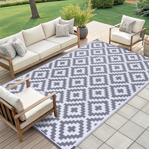 Smiry Waterproof Outdoor Rug 5x8 ft, Reversible Plastic Straw Patio Mat, Black & Beige P20186