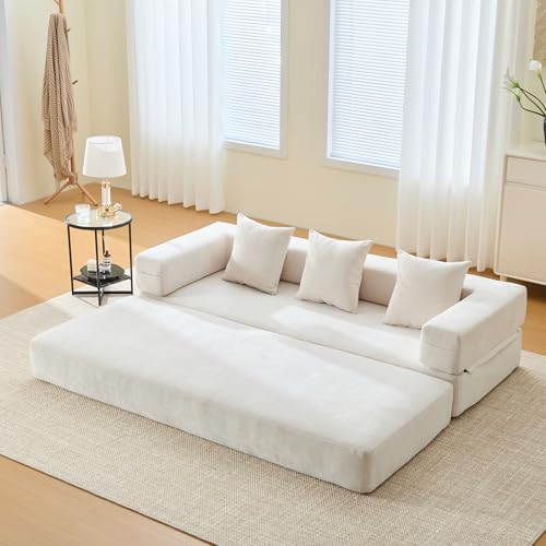 Corduroy Convertible Sleeper Sofa Bed with Pillow, Beige S401207