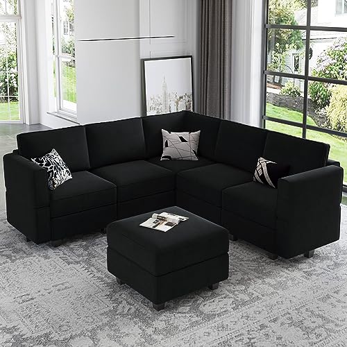 Belffin Modular Velvet Sectional Sofa with Chaise Lounge and Storage, Grey T418154