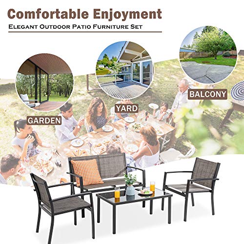 Vongrasig 4 Piece Patio Conversation Set with Glass Coffee Table, Black E428
