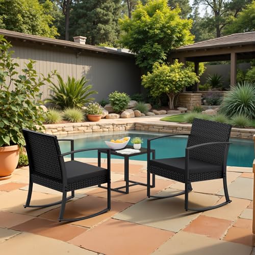 Homall 3 Piece Resin Outdoor Bistro Set with Cushions and Table, Black T139662