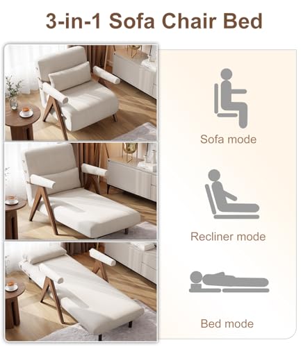 Residential Convertible Sofa Bed Chair 3-in-1 Adjustable Backrest Beige White D8743