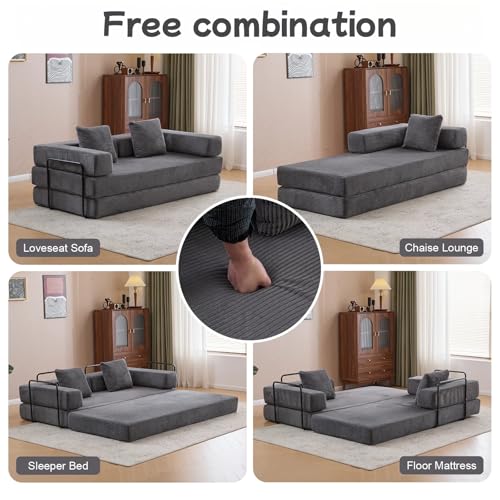 Convertible Floor Sofa Bed with Pillow Back and Armrest, Chenille, Dark Gray N4509