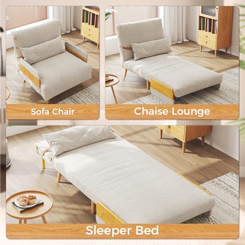 Convertible Chair Bed Sleeper for Adults with Wooden Arms, Linen G638