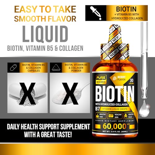 PURE RESEARCH Biotin & Collagen 60,000mcg Hair Growth Liquid Drops, 4 Fl Oz I1854