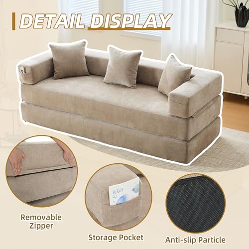 Corduroy Convertible Sleeper Sofa Bed with Pillow, Beige S401207