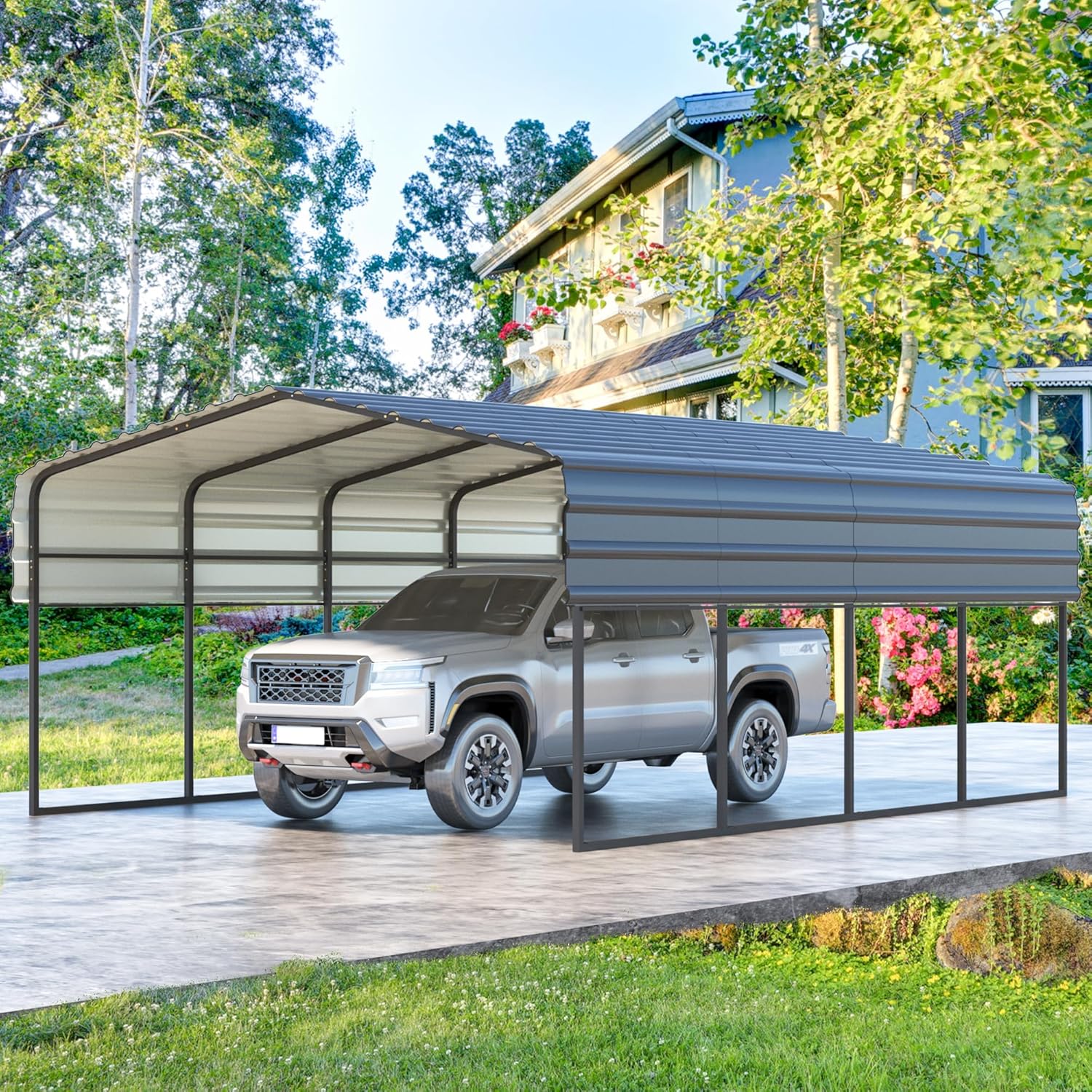 MELLCOM 12 x 20 ft Carport with Galvanized Steel Roof - 12' x 20' x 8.4' Multi-Use Shelter, Sturdy Metal Carport for Cars, Boats, and Tractors