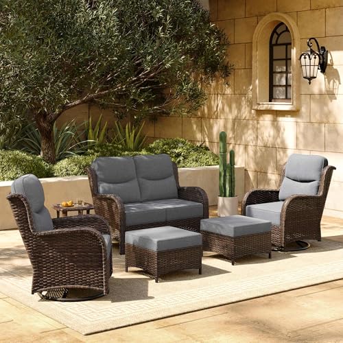 Luxury Patio Furniture Set 7PCS Wicker Conversation Set with Blue Cushions J5390