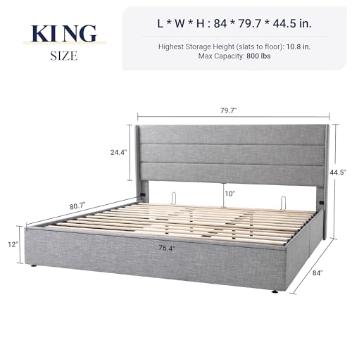 Allewie Full Size Lift Up Storage Bed with Wingback Headboard, Light Beige C85153