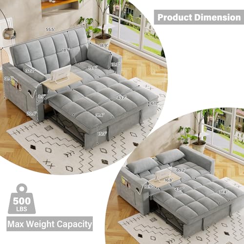 WIIS' IDEA Convertible Sofa Bed 3-in-1 Velvet Sleeper with Adjustable Backrest, Gray L188547