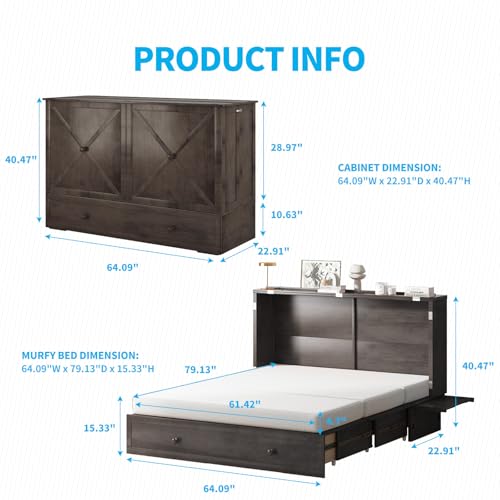 Mjkone Queen Size Murphy Bed with Tri-Folding Mattress and Charging Station N4725