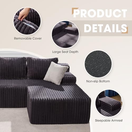 Modular Sectional Sofa L-Shape Couch with Oversized Chaise, Grey Stripe I49459