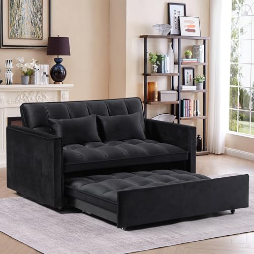 3 in 1 Convertible Sleeper Sofa Bed Futon with Adjustable Backrest, Velvet, Black Q74350