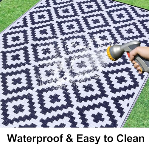 Smiry Waterproof Outdoor Rug 5x8 ft, Reversible Plastic Straw Patio Mat, Black & Beige P20186