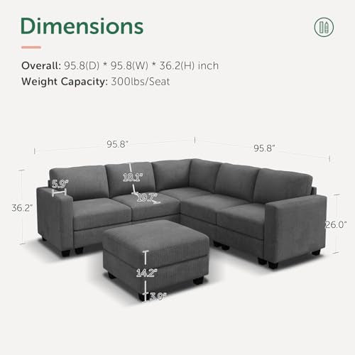 HONBAY Corduroy Modular Sectional Couch with Storage, Dark Gray A586576