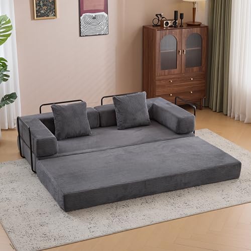Corduroy Convertible Sleeper Sofa Bed with Pillow, Beige S401207