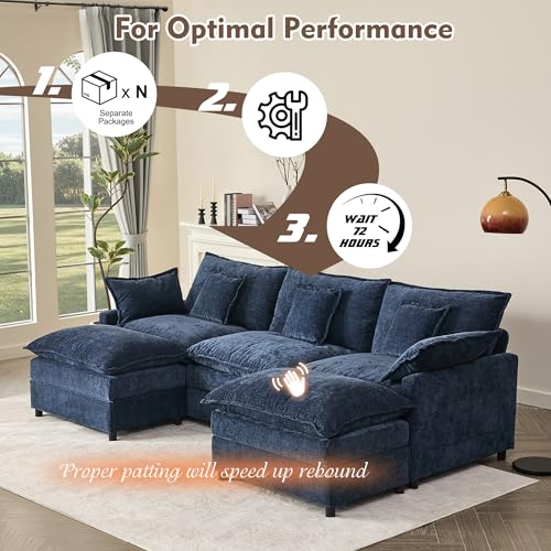 U Shaped Modular Sectional Sofa with Ottoman, Chenille, Black P2121