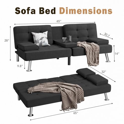 Shahoo Modern Linen Upholstered Convertible Futon Sofa Bed with Removable Armrests M32266