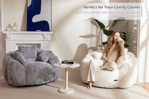 MAXYOYO Floral Shaped Bean Bag Sofa for Adults, Faux Fur, Beige M8911