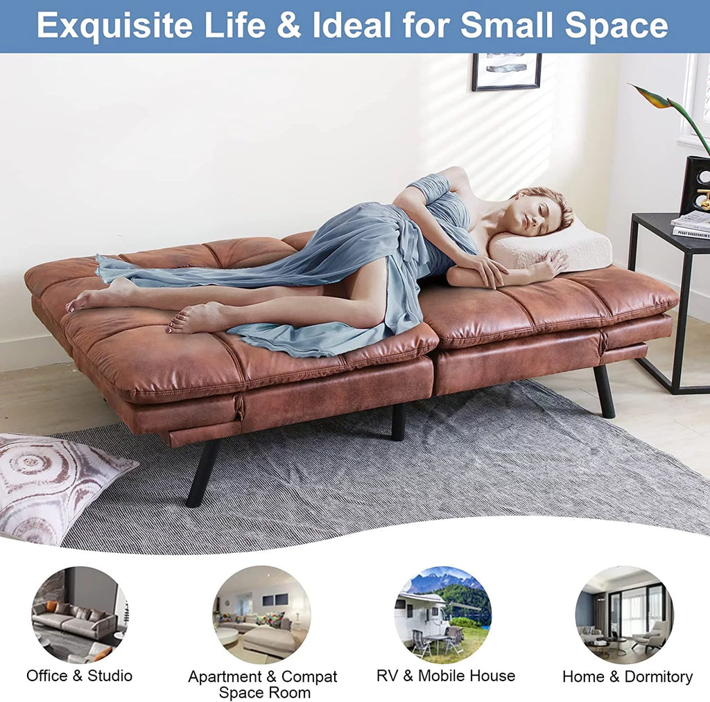 RUNFAYBIU Futon Sofa Bed Memory Foam Convertible Faux Leather with Adjustable Armrests D258720