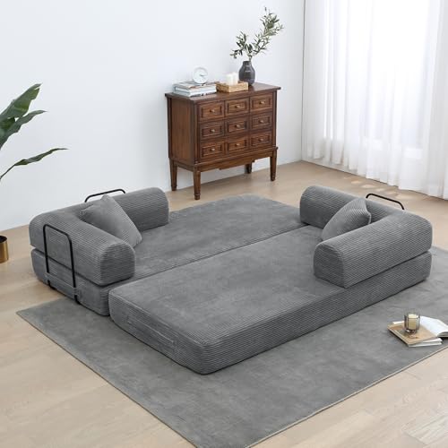 Corduroy Convertible Sleeper Sofa Bed with Pillow, Beige S401207