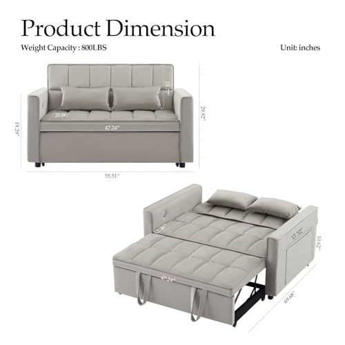 Modern 3 in 1 Convertible Sleeper Sofa Couch Bed with USB, Light Grey M684