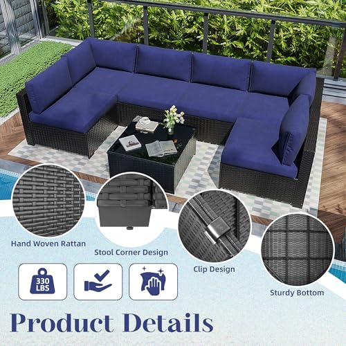 KIGOTY Patio Furniture Set 7 Pieces Outdoor Sectional Sofa with Cushions and Glass Coffee Table B60021
