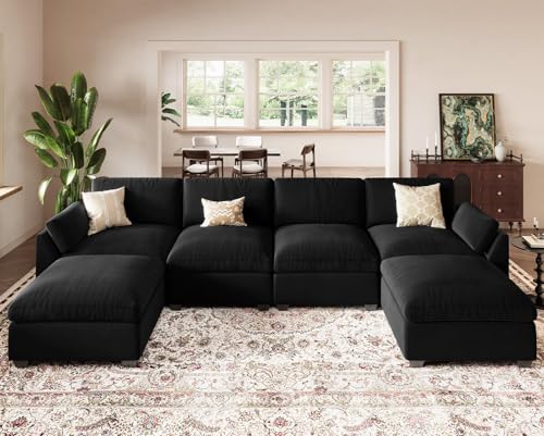 Belffin Extra Large Modular Sectional Sofa, 4-Seater L Shaped Velvet Couch, Black A1471