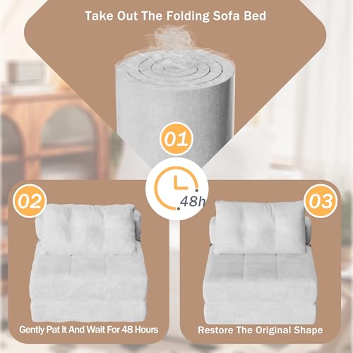 Homall Folding Sofa Bed with Headrest & Lumbar Pillow, Chenille Fabric, White M9437