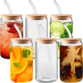 6 Pack Glass Cups With Bamboo Lids and Straws 16 oz - Glass Tumbler with Straw and Lid & Cleaning Brush,Smoothie Cup Iced Coffee Cups With Bamboo Lids,Ideal for Beer, Cocktail, Whiskey