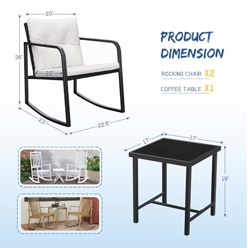 Greesum 3-Piece Rocking Wicker Bistro Set with Glass Coffee Table, Beige T6480