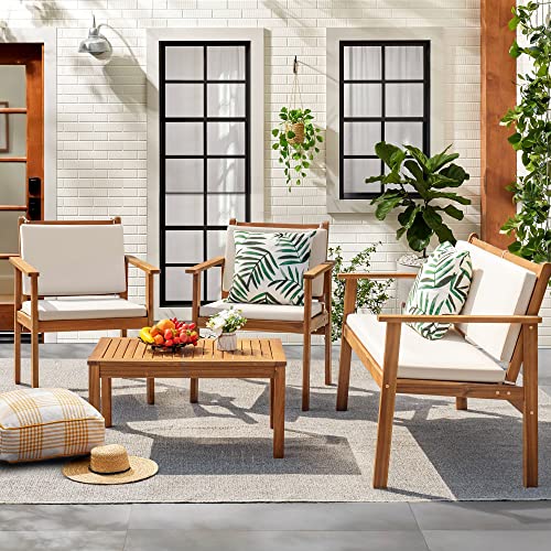 Flamaker 3 Piece Acacia Wood Patio Furniture Set with Coffee Table & Cushions B730