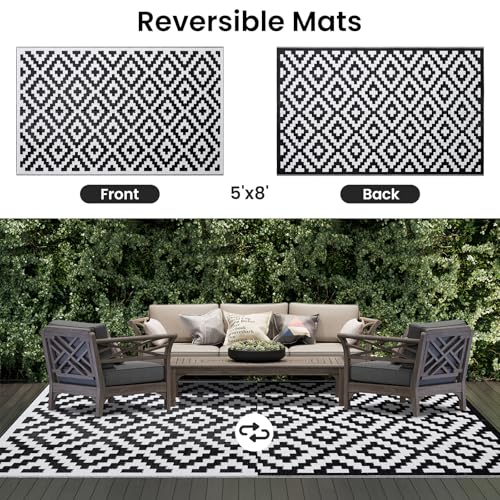 Smiry Waterproof Outdoor Rug 5x8 ft, Reversible Plastic Straw Patio Mat, Black & Beige P20186