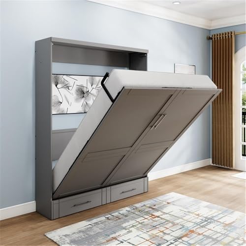 Queen Size Gray Murphy Wall Bed Solid Wood, No Box Spring Needed E498951