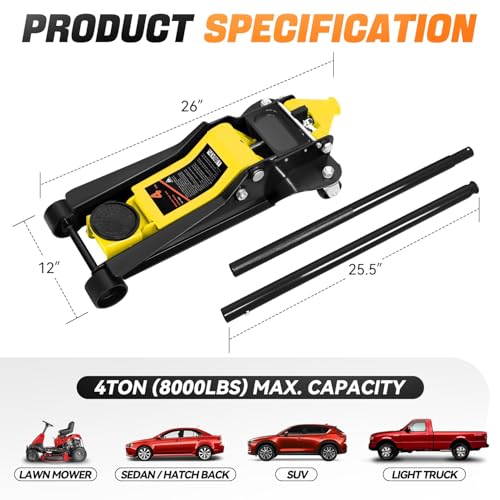 Auto Dynasty 4 Ton Low Profile Floor Jack, Heavy Duty Steel Hydraulic, Yellow B7990