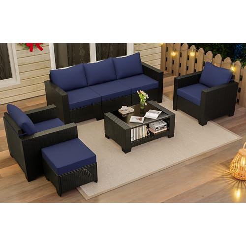 KIGOTY Patio Furniture Set 7 Pieces Outdoor Sectional Sofa with Cushions and Glass Coffee Table B60021