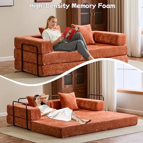 Convertible Floor Sofa Bed with Pillow Back and Armrest, Chenille, Dark Gray N4509