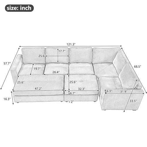 Merax 121.3" Sectional Corduroy Sofa Bed with Two Ottomans, Gray Q499