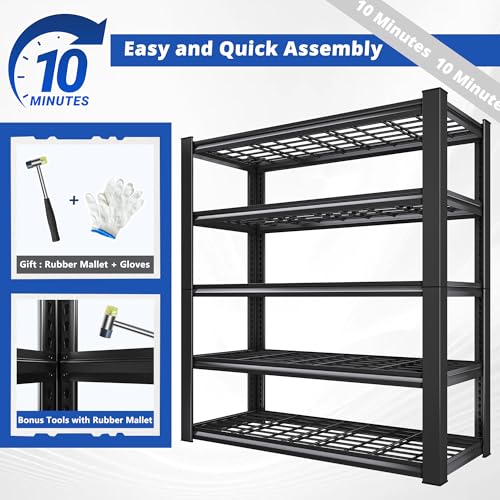 REIBII 3010LBS Storage Shelves 72" H Heavy Duty Metal 5 Tier Adjustable Shelving, Black B7978