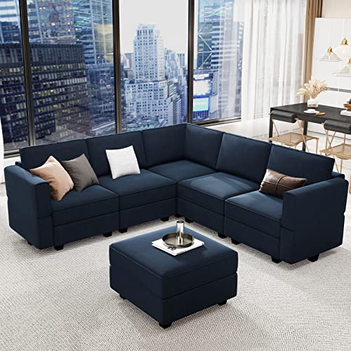 Belffin Modular Velvet Sectional Sofa with Chaise Lounge and Storage, Grey T418154