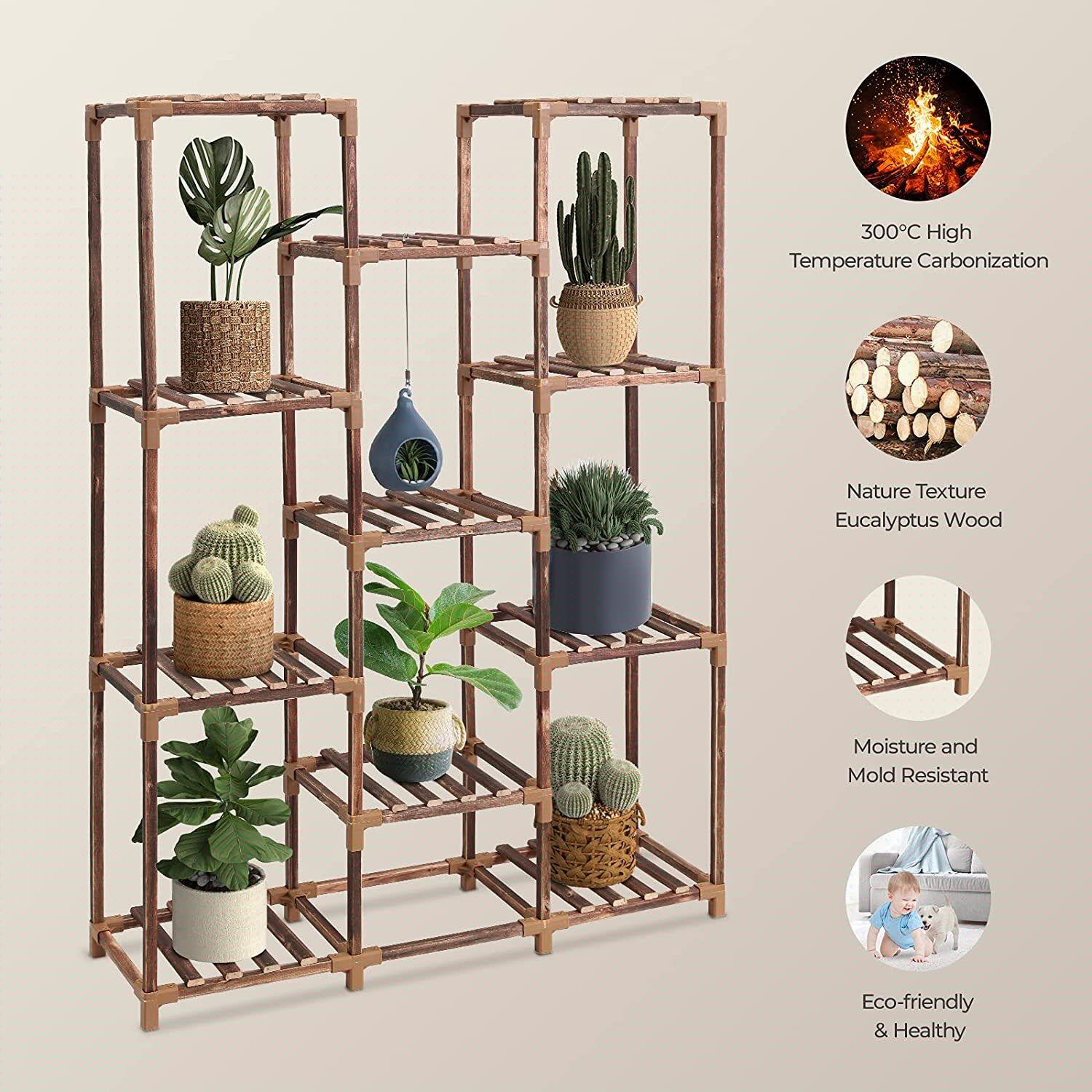 Homroll Plant Stand, Wood, 11-Tier Tall for Indoor Outdoor G909652