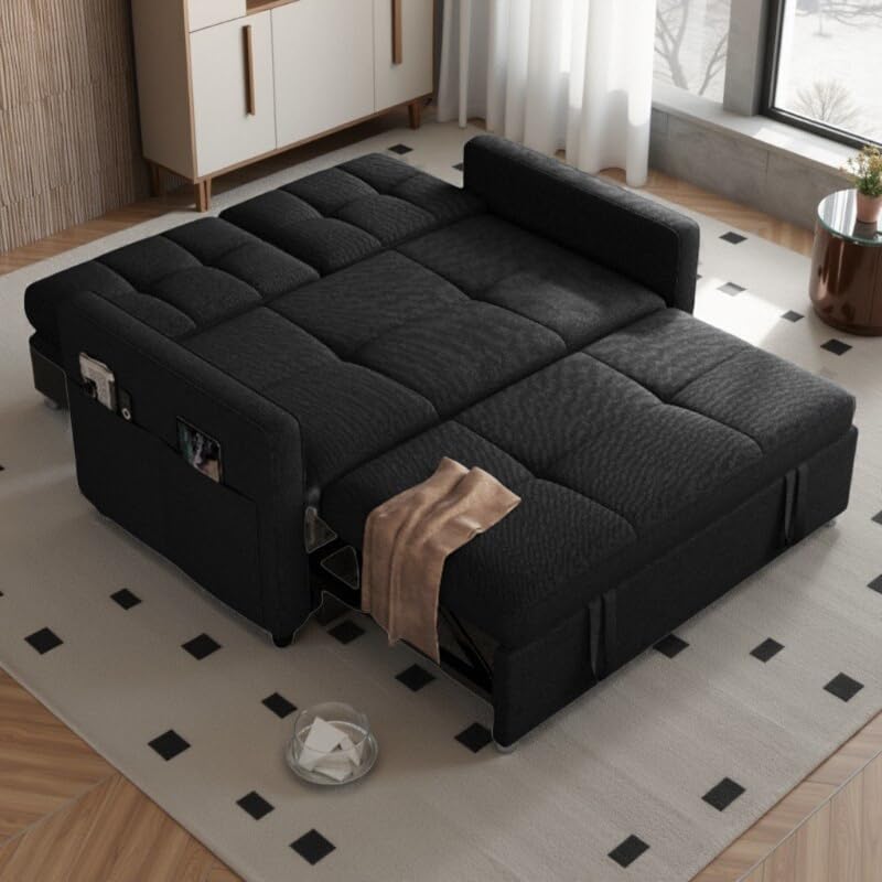 DWVO 55" Convertible Sofa Bed, 3-in-1 Sleeper Sofa with Pull-Out Bed, Linen Futon Couch W749781