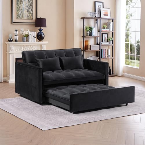 3 in 1 Convertible Sleeper Sofa Bed Futon with Adjustable Backrest, Velvet, Black Q74350
