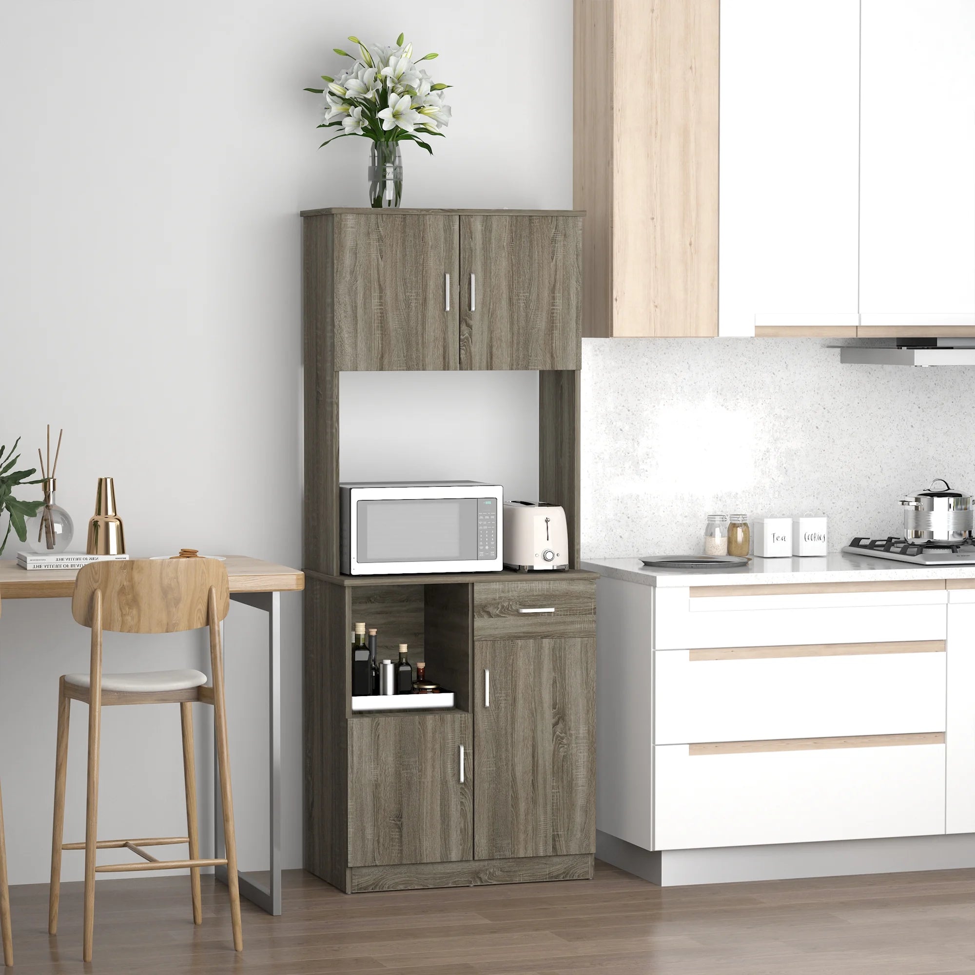 HOMCOM Kitchen Pantry Storage Cabinet with Microwave Stand, Gray P732612