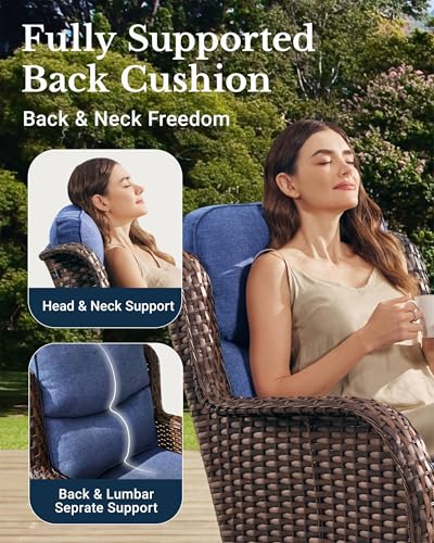 Luxury Patio Furniture Set 7PCS Wicker Conversation Set with Blue Cushions J5390