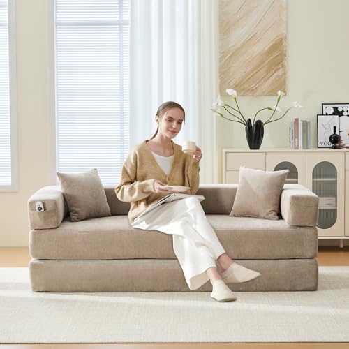 Corduroy Convertible Sleeper Sofa Bed with Pillow, Beige S401207